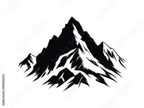  Mountain Silhouette,  A powerful, stylized silhouette of a mountain range.Majestic Mountain Silhouette Against a white Background, silhouette, graphic, illustration, vector, snow peaks, rock face, al