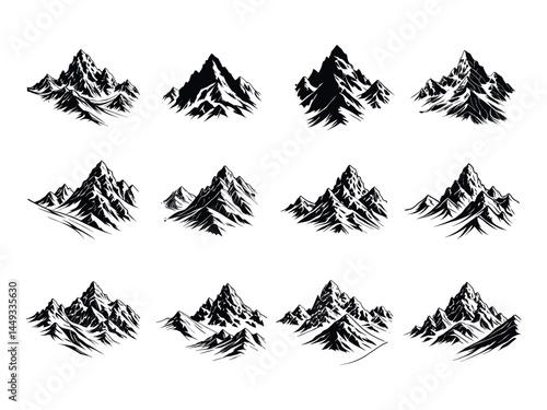 Majestic Mountain Range Silhouetted Against a Vibrant Blue Sky,  set of four black and white mountain illustrations exudes a sense of rugged grandeur and timeless beauty. nature print, travel, adventu