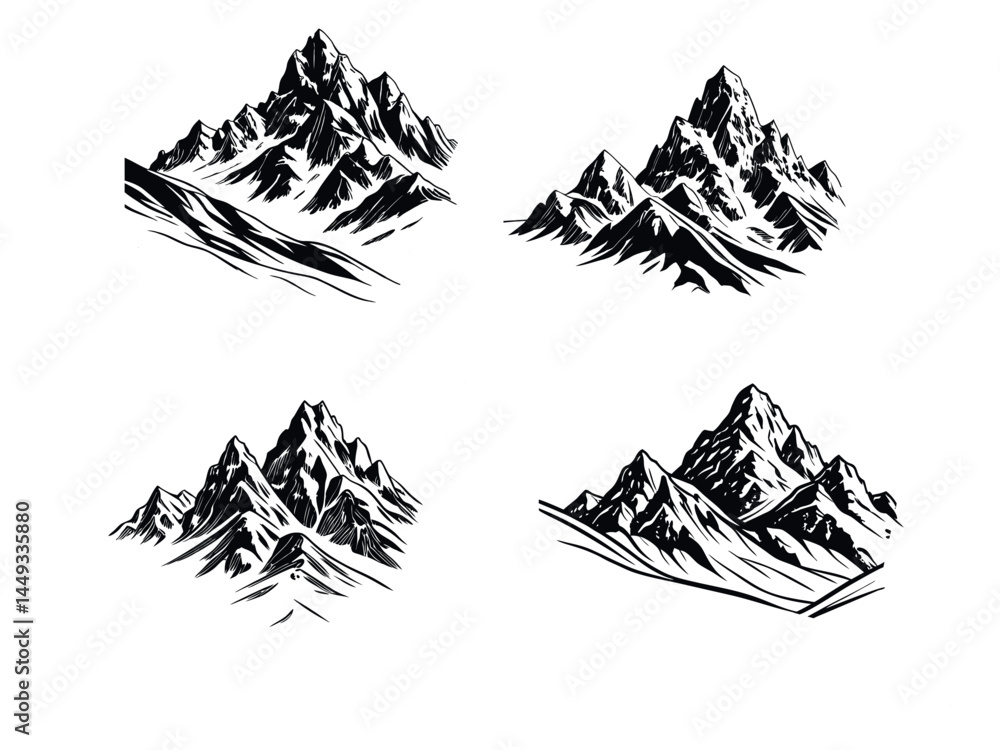 Fototapeta premium Majestic Mountain Range Silhouetted Against a Vibrant Blue Sky, set of four black and white mountain illustrations exudes a sense of rugged grandeur and timeless beauty. nature print, travel, adventu