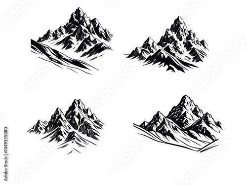 Majestic Mountain Range Silhouetted Against a Vibrant Blue Sky,  set of four black and white mountain illustrations exudes a sense of rugged grandeur and timeless beauty. nature print, travel, adventu