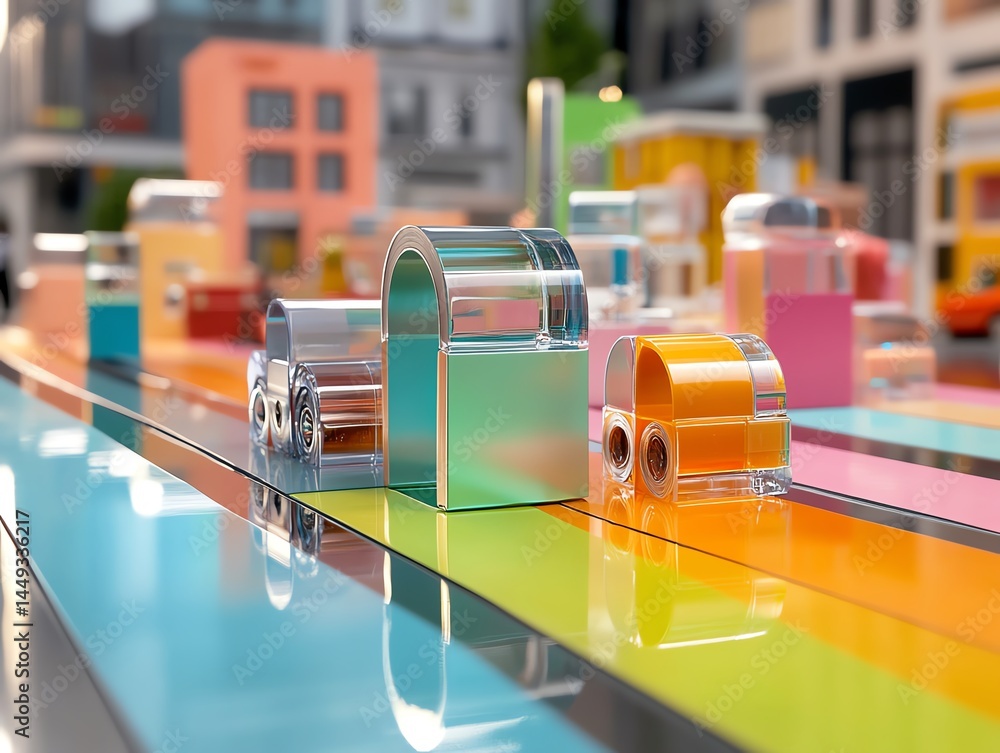 Tape forming a rainbow bridge over a toy town