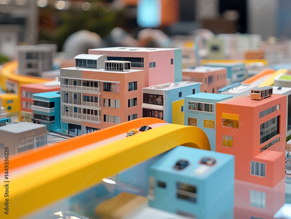 Tape forming a rainbow bridge over a toy town