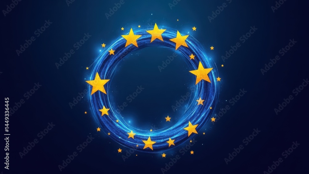 Fototapeta premium Abstract Circular Design with Golden Stars European Union Concept Blue Background Festive