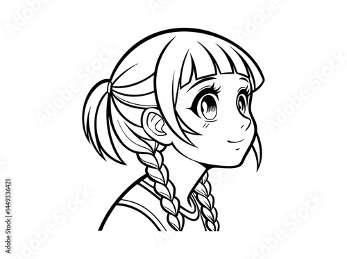 Cute anime girl with pigtails looking upwards in a black and white illustration, A captivating, black-and-white line drawing of a young anime girl. anime girl, anime character, cartoon girl, pigtails,