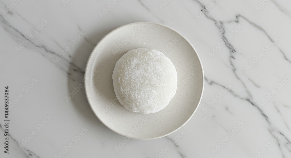 Japanese Mochi on White Plate - A single, round mochi rests on a clean white plate against a marble background. Simple, elegant food Japanese Mochi on White Plate - A single, round mochi rests on a clean white plate against a marble background. Simple, elegant food