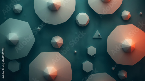 Modern 3D geometric composition with polygonal shapes and dramatic lighting on teal background photo