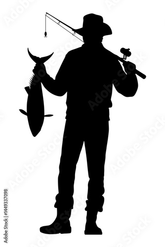 Silhouette of person holding a fishing rod and showcasing their catch