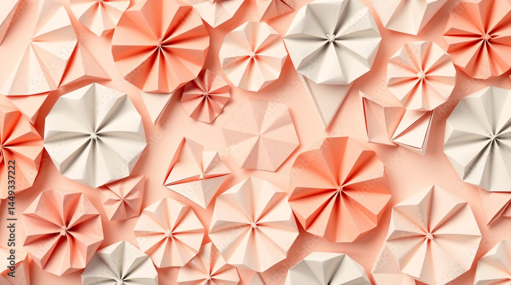 Soft pastel origami flowers arranged in a seamless geometric pattern, blending peach and ivory tones on a delicate background Soft pastel origami flowers arranged in a seamless geometric pattern, blending peach and ivory tones on a delicate background