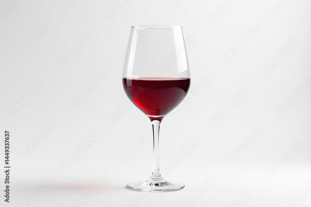 Single red wine glass, half full, on white backdrop Minimalist style , alcohol, elegant Single red wine glass, half full, on white backdrop Minimalist style , alcohol, elegant