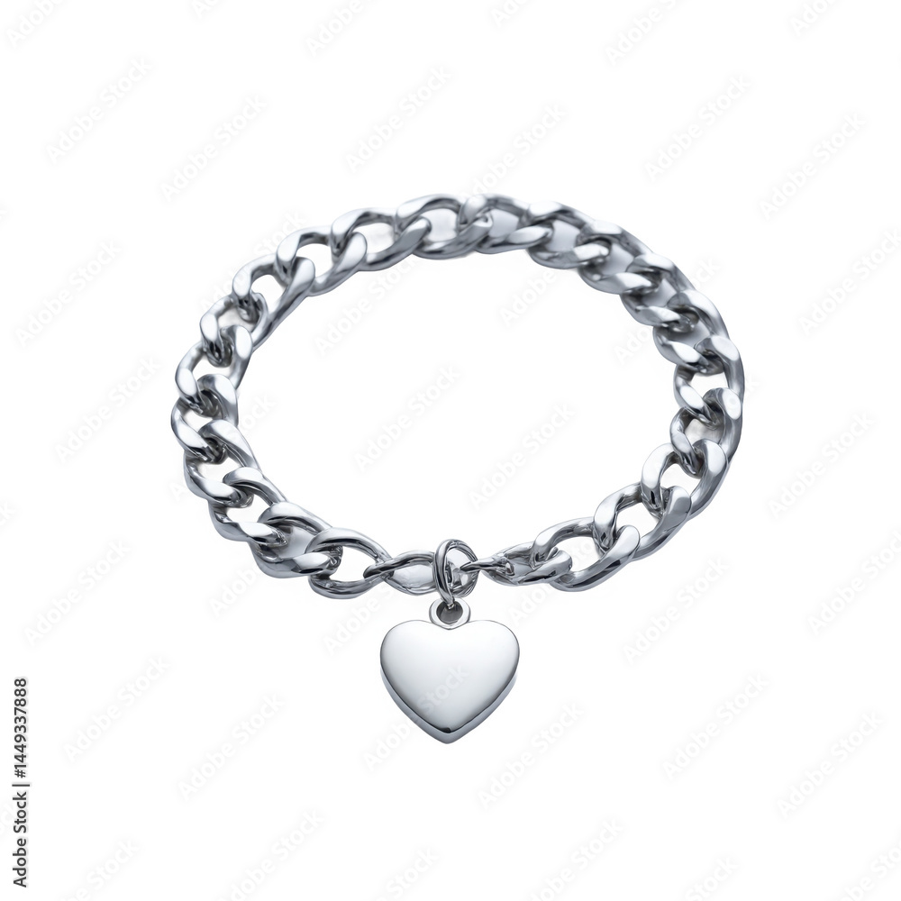 Obraz premium Silver chain bracelet with heart pendant isolated on transparent background