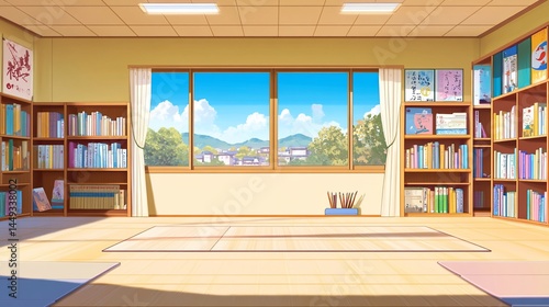 Classroom with a view.  Sunlight streams into a bright, well-organized room with bookshelves, a window showcasing a landscape, and supplies neatly arranged