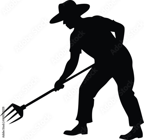 Silhouetted farmer wearing a hat is shown working with a pitchfork with a white background