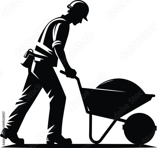Construction Worker Pushing a Wheelbarrow silhouette Vector Illustration isolated on a white background