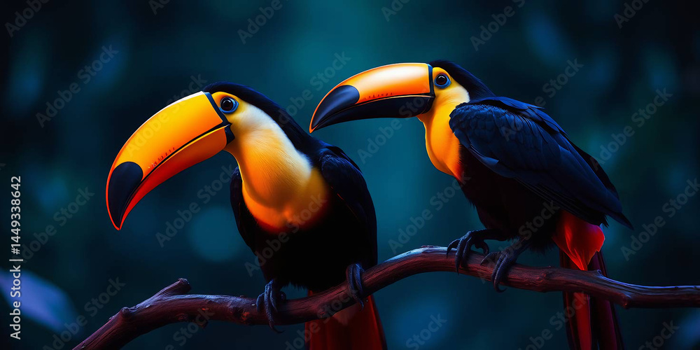 Naklejka premium two toucans perched on a twisted branch against a blurred green background 