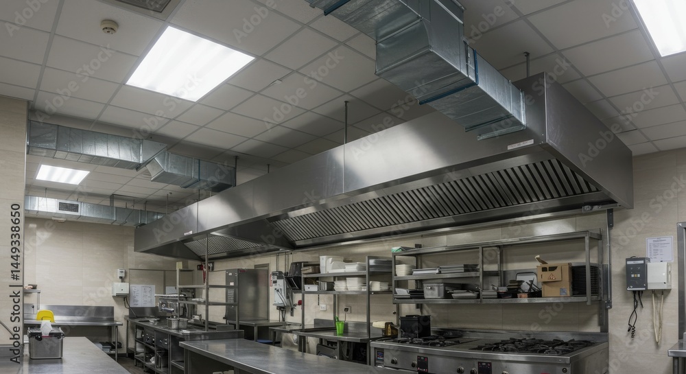 Obraz premium Modern Kitchen Ventilation System - Sleek stainless steel kitchen exhaust hoods and ventilation system in a modern kitchen setting