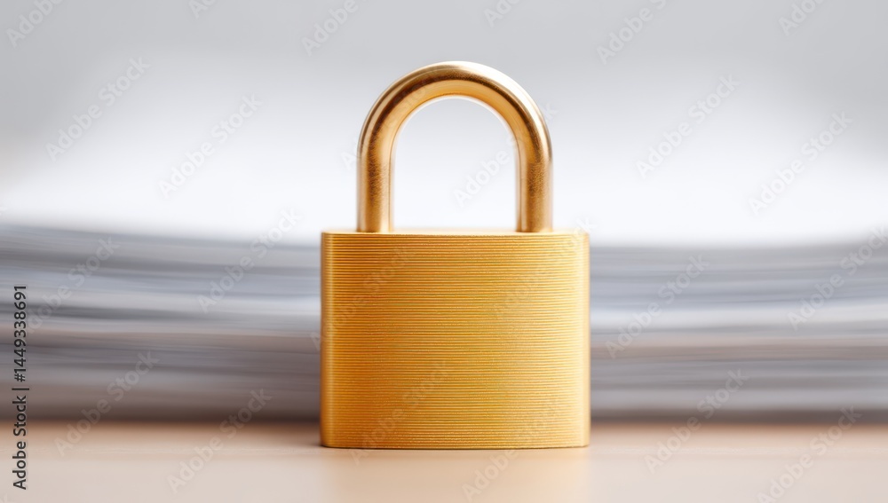 Fototapeta premium Golden Padlock on Papers with Blurred Background in Soft Light