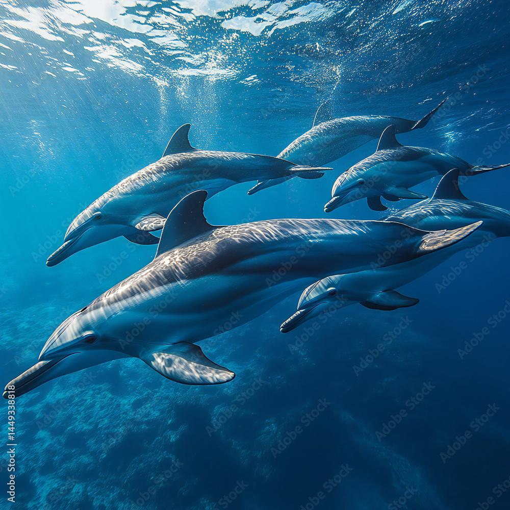 Obraz premium A pod of dolphins swimming gracefully through the clear blue ocean