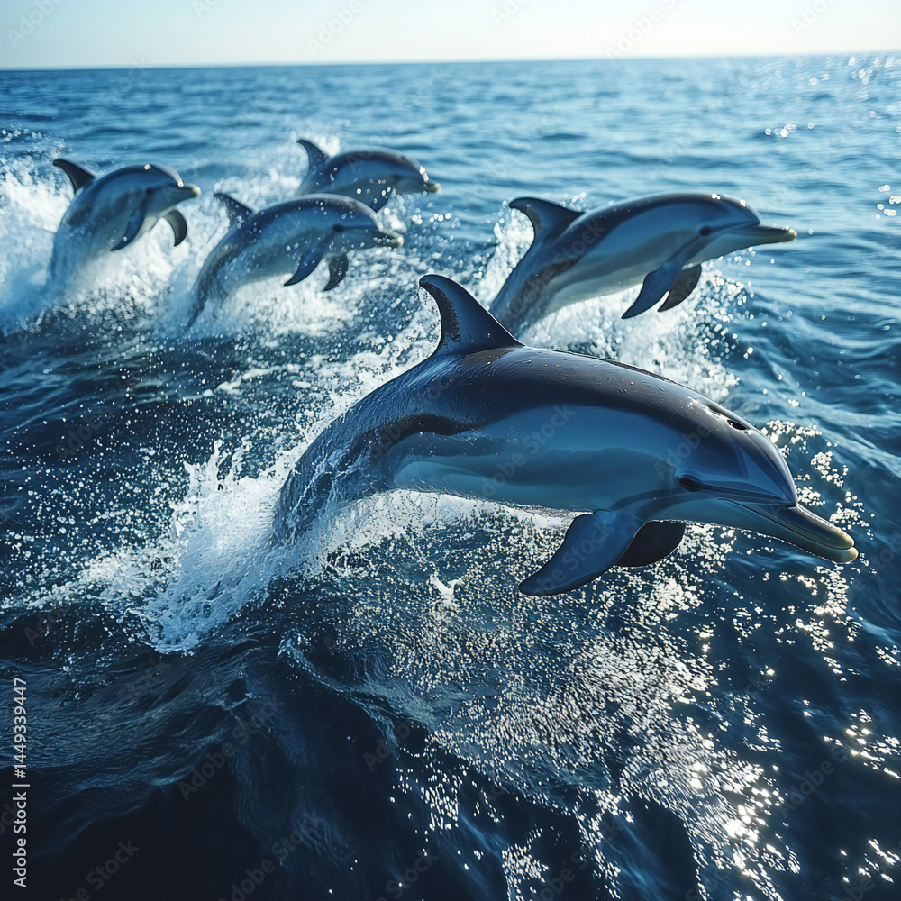Naklejka premium A pod of playful dolphins jumping and diving in the open ocean