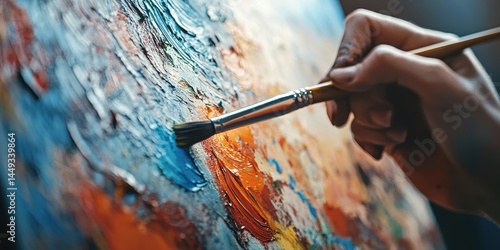 Fototapeta Naklejka Na Ścianę i Meble -  a close up of the hands of an artist painting a picture of a canvas with different colors of paint and a brush 