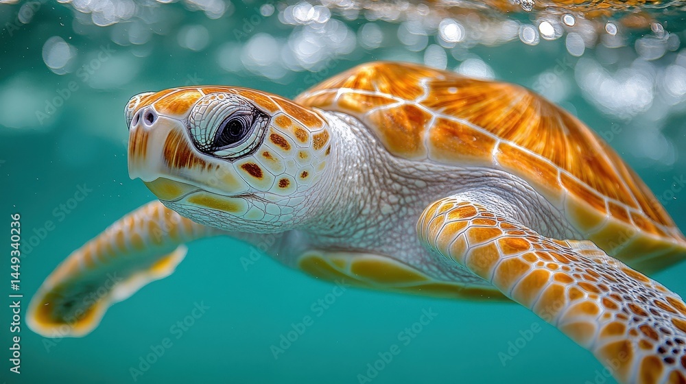 Fototapeta premium Close-up view of a sea turtle swimming underwater.