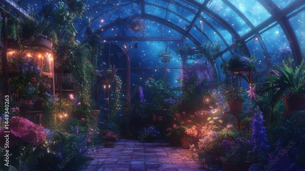 Obraz premium Enchanted greenhouse at night, filled with vibrant flowers and plants.
