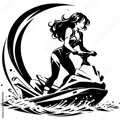 Sketchy sport emblem of experienced sportswoman relaxes while riding a jet ski among waves and spray in monochrome. Engraving minimalistic vector in black ink drawing on transparent background