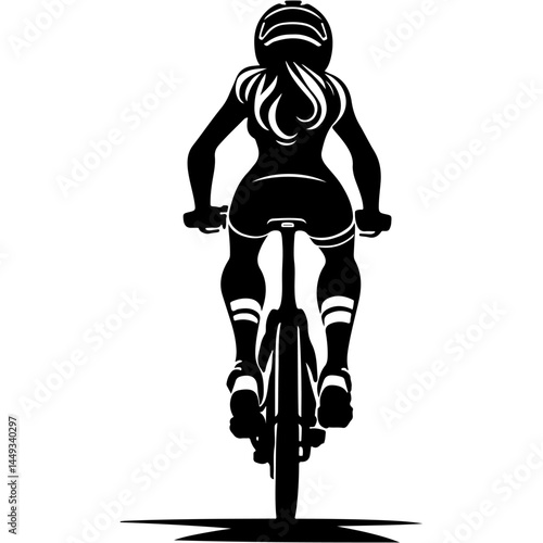 Sketchy sport emblem of sportswoman cyclist girl riding a bicycle view from the back from behind in monochrome. Engraving minimalistic vector in black ink drawing on transparent background