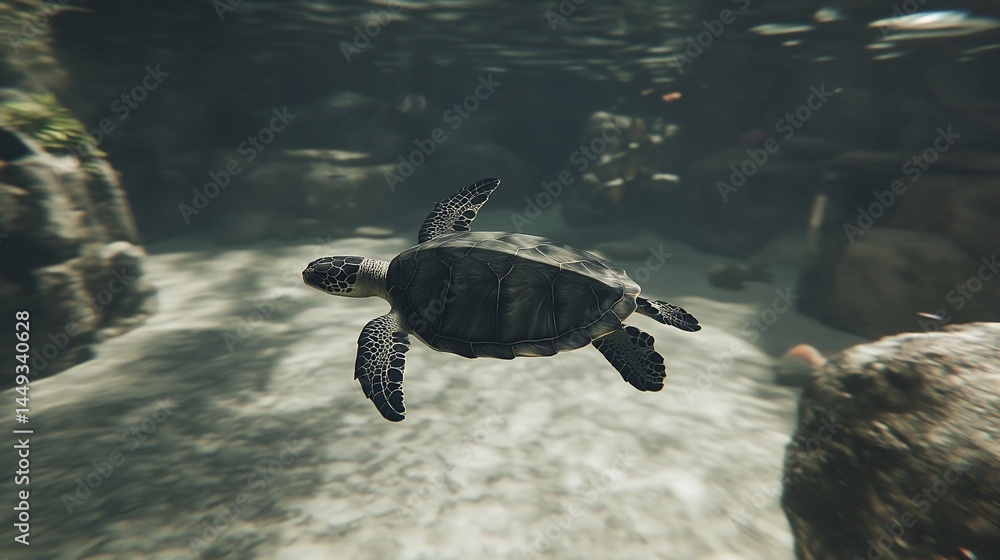 Obraz premium Small turtle swims underwater. Peaceful scene