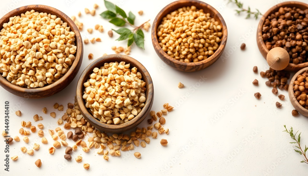 Assortment of nuts and herbs in wooden bowls showcasing organic grains and legumes Assortment of nuts and herbs in wooden bowls showcasing organic grains and legumes