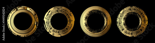 Abstract grunge metallic gold plated rings – Futuristic circular vector elements on black background.