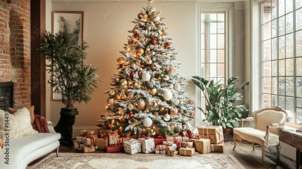 Festive Christmas tree adorned with presents in a cozy living room. Festive Christmas tree adorned with presents in a cozy living room.