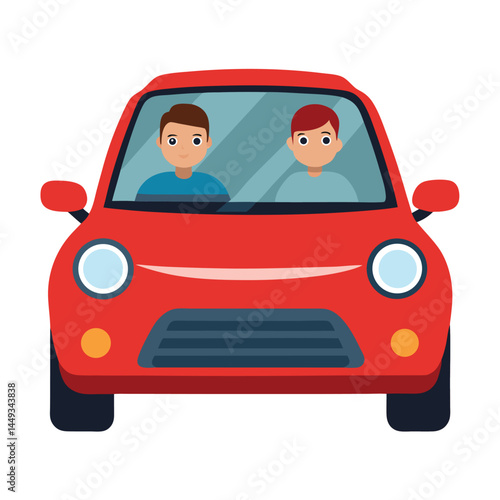 Two fair skinned men ride together inside a cute red cartoon vehicle