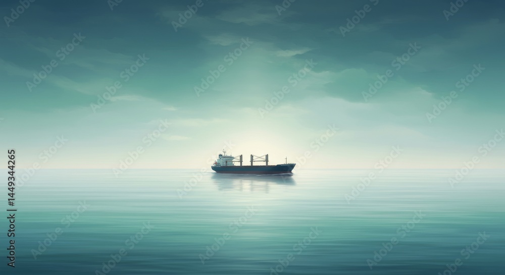 Obraz premium Tranquil Seascape: Ship at Dawn - A lone ship sails on calm ocean waters under a bright sky, symbolizing peace, journey, exploration, solitude, and hope