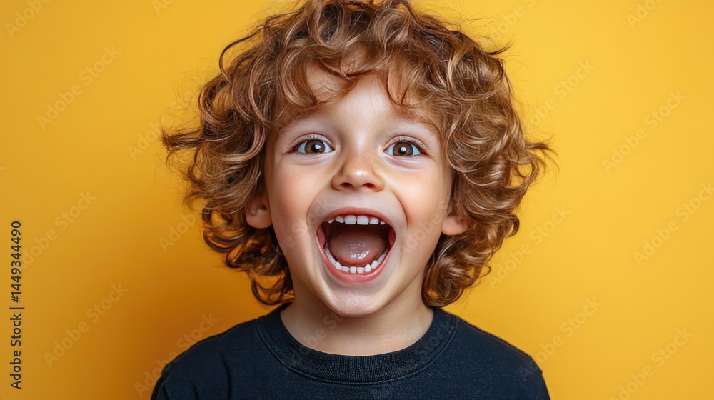 Joyful Child with Curly Hair Expressing Excitement Against Vibrant Yellow Background Joyful Child with Curly Hair Expressing Excitement Against Vibrant Yellow Background