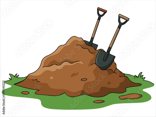 Shovels in pile of earth compost isolated vector illustration on white background