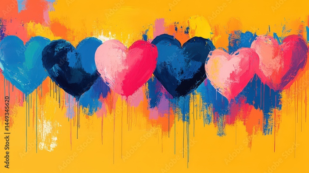 Fototapeta premium Colorful heart shapes arranged in a horizontal row.