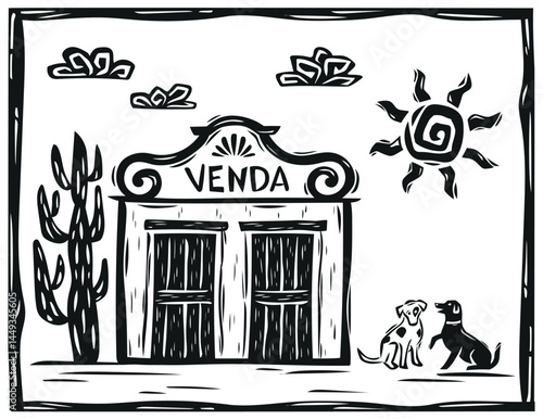 Typical warehouse or store in the interior of the country, with dogs, cacti and sun. Rural landscape. Illustration in woodcut style..eps