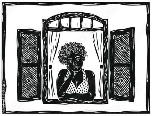 Woman in the window, woodcut in the style of Brazilian cordel. Black, brunette girl. Vector illustration..eps