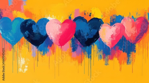 Colorful heart shapes arranged in a horizontal row.
