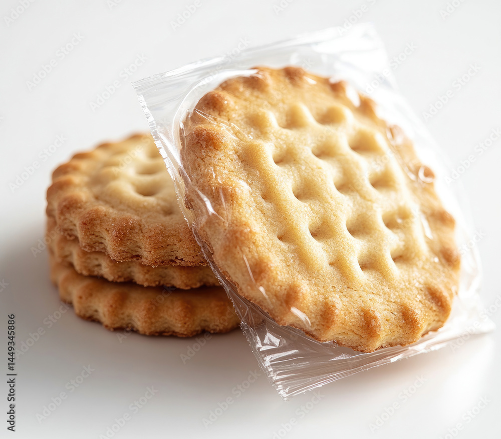 Stacked cookies in plastic wrap. Light golden brown, round, perforated, crispy, sweet treats