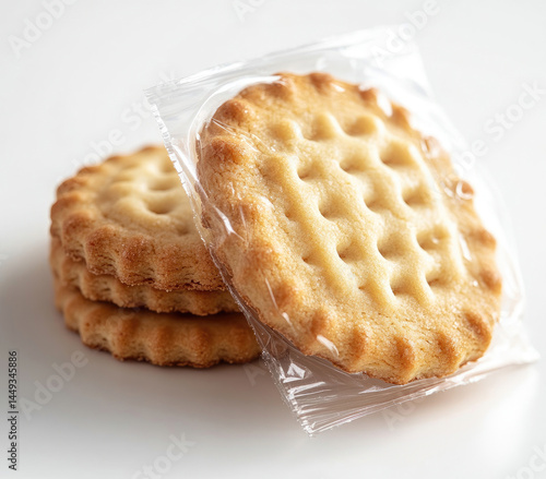 Obraz na płótnie Stacked cookies in plastic wrap. Light golden brown, round, perforated, crispy, sweet treats w salonie