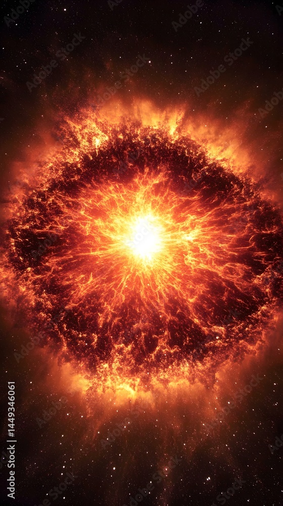 Fiery Cosmic Explosion Nebula in Space Starfield Background Intense Energy Burst Fiery Cosmic Explosion Nebula in Space Starfield Background Intense Energy Burst