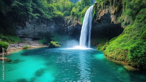 Lush waterfall cascading into a turquoise pool, surrounded by dense greenery