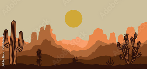 Desert landscape with cacti and mountains. Sunset in wild nature. Horizontal illustration in flat style. Terracotta tones, boho style..eps