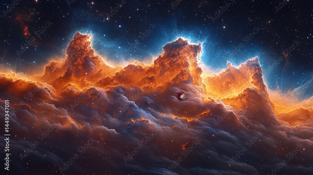 Cosmic clouds of nebulae illuminate space.