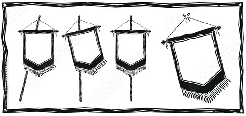 Collection of flags and festive banners. Medieval flags waving, fluttering. Standard bearer, carnival parties, celebrations. Woodcut style illustration.eps