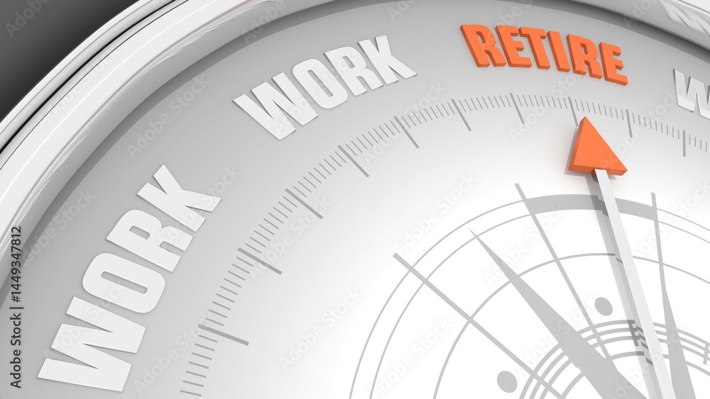 The needle of compass points to the word retire ignoring the words work. The decision an aging worker must make between staying in the workforce or entering retirement. 3D render The needle of compass points to the word retire ignoring the words work. The decision an aging worker must make between staying in the workforce or entering retirement. 3D render