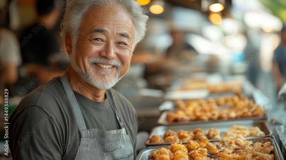 Smiling senior man selling food at outdoor market.