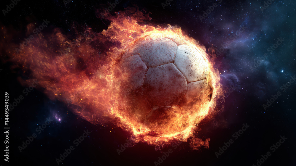 Fototapeta premium Flaming Football with Trail of Sparks a high-tech concept illustration representing global communication, data flow, and digital connectivity in a modern networked world.