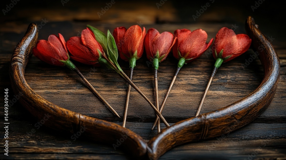Decorative red flowers positioned amidst a rustic wooden bow.